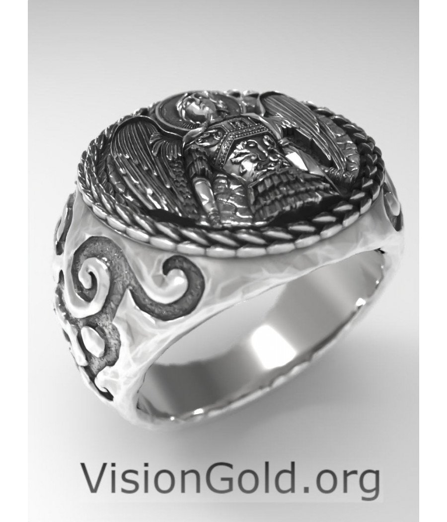 Archangel St Michael Ring, 925 Sterling Silver Signet Ring, Men