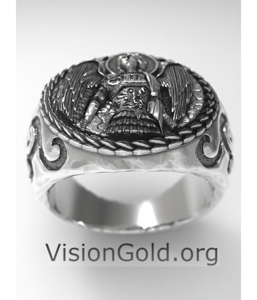 Archangel St Michael Ring, 925 Sterling Silver Signet Ring, Men