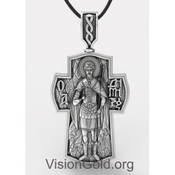 Herrenhalskette Kreuz mit Sankt Demetrius,Silberkreuz mit Sankt Demetrius 0221