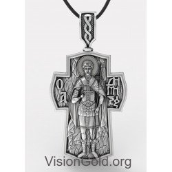 Крестик мужской со святым Димитрием, Серебряный крест со святым Димитрием 0221