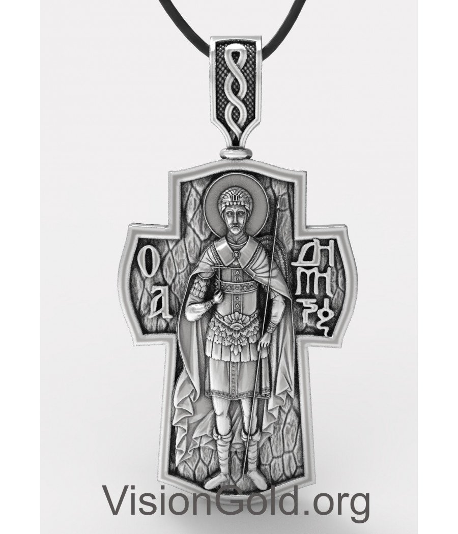 Herrenhalskette Kreuz mit Sankt Demetrius,Silberkreuz mit Sankt