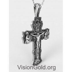 Cruz de plata ortodoxa premium hecha a mano para hombres con Jesucristo 0223