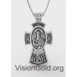 Engraved Cross Silver Necklace, Christian Crucifix Necklace