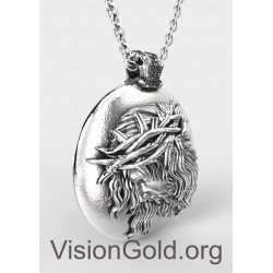 Jesus Medallion Necklace, Silver Jesus Christ Pendant, Mens