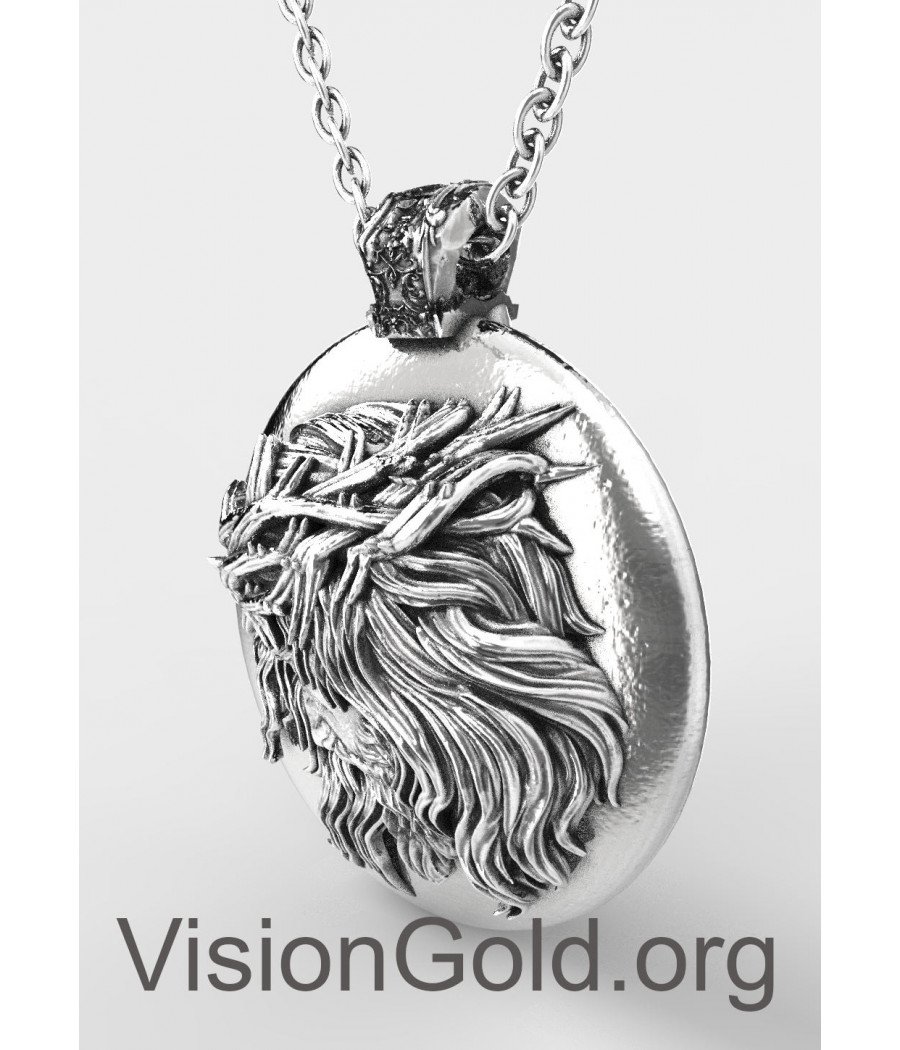 Jesus Medallion Necklace, Silver Jesus Christ Pendant, Mens