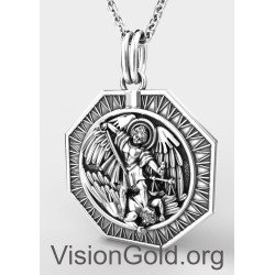 Premium Archangel Saint Michael Silver Medallion, Orthodox