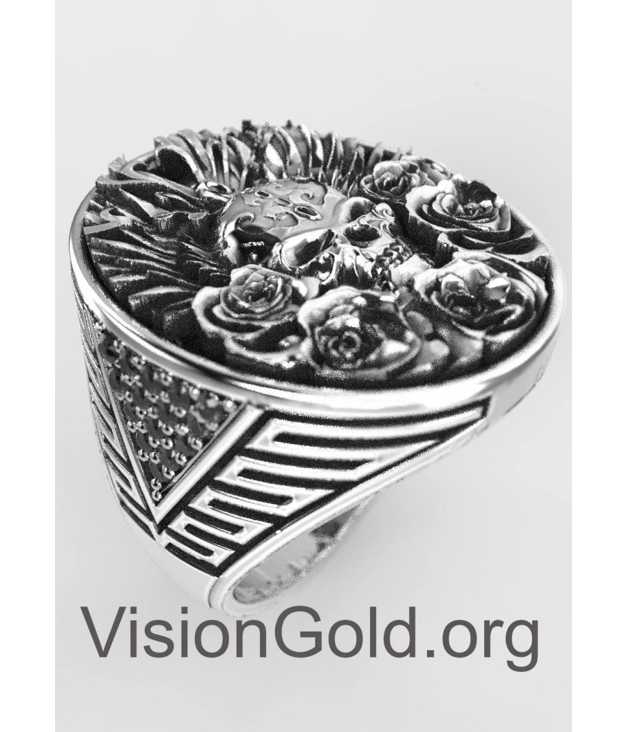 Εξαιρετικό Οβάλ Ανδρικό Δαχτυλίδι Νεκροκεφαλή Και Τριαντάφυλλα