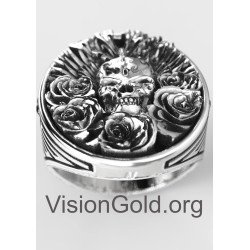 Exceptional Vintage 925 Silver Skull Rose Ring, Skull Biker