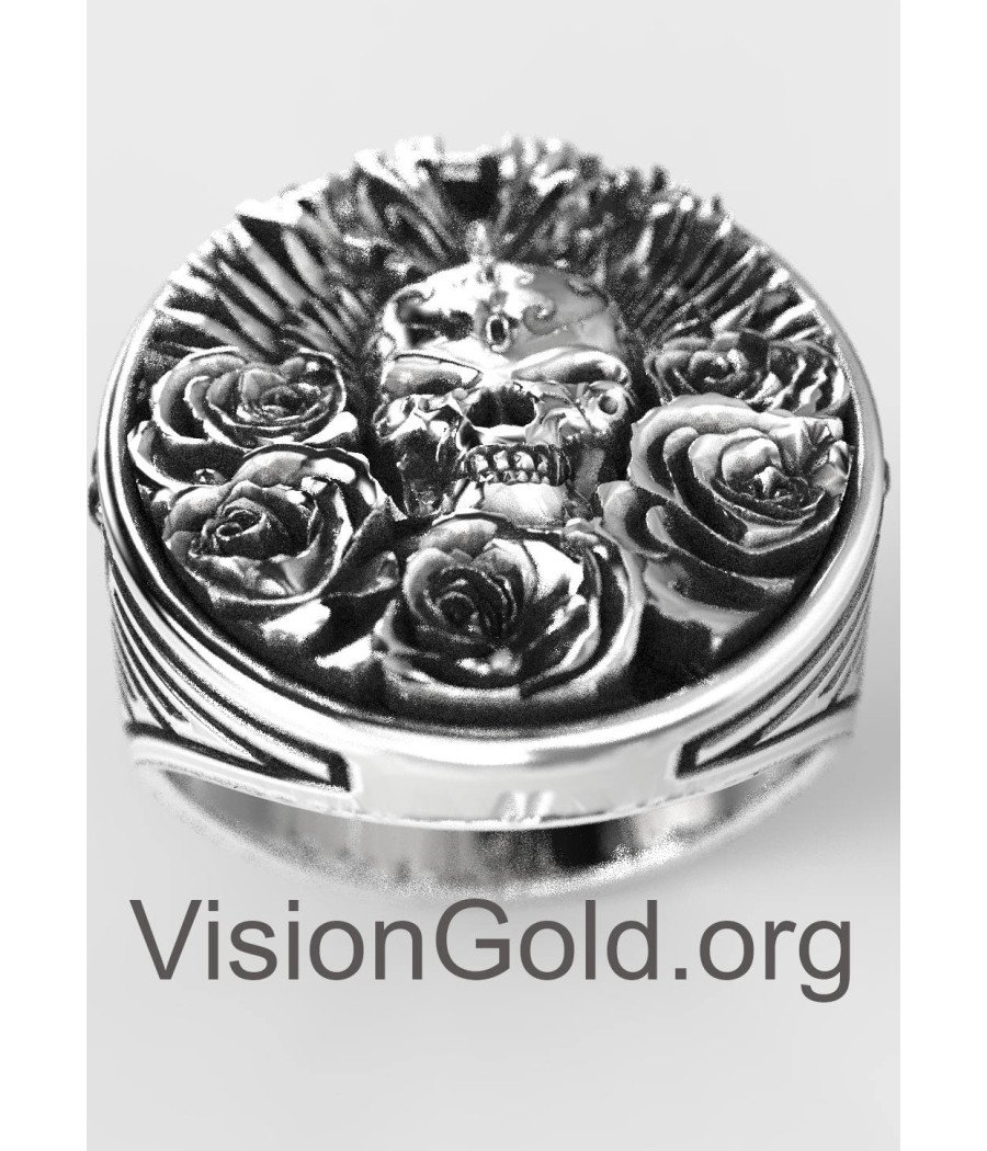 Exceptional Vintage 925 Silver Skull Rose Ring, Skull Biker