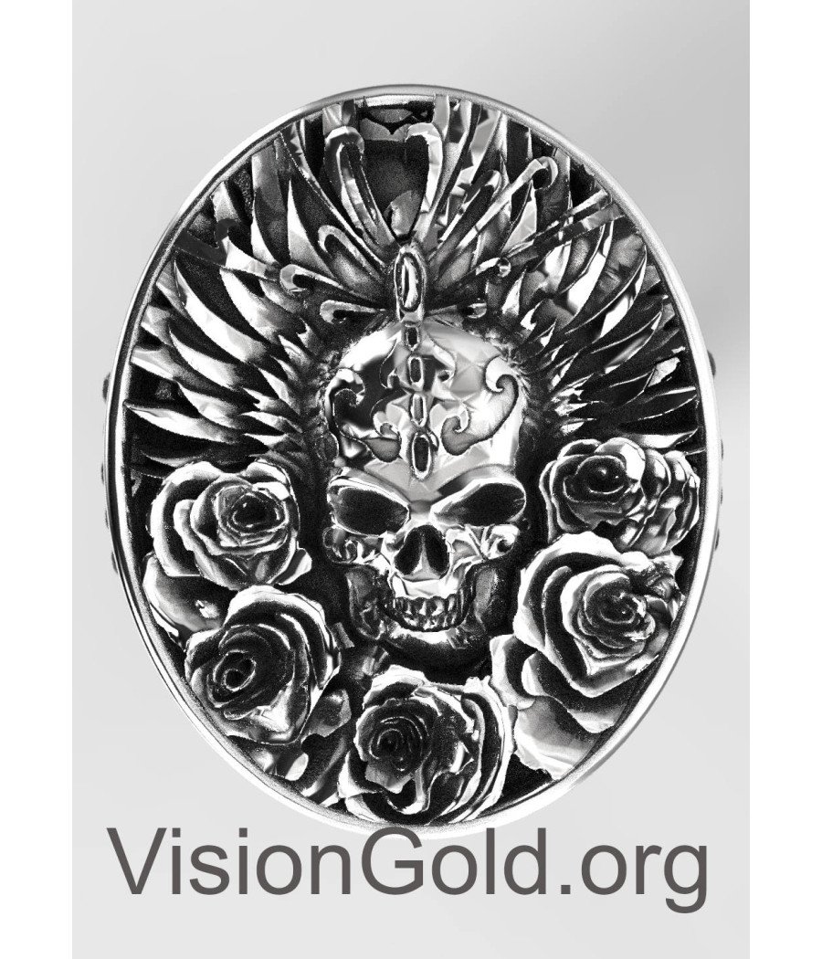 Exceptional Vintage 925 Silver Skull Rose Ring, Skull Biker