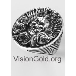 Εξαιρετικό Οβάλ Ανδρικό Δαχτυλίδι Νεκροκεφαλή Και Τριαντάφυλλα