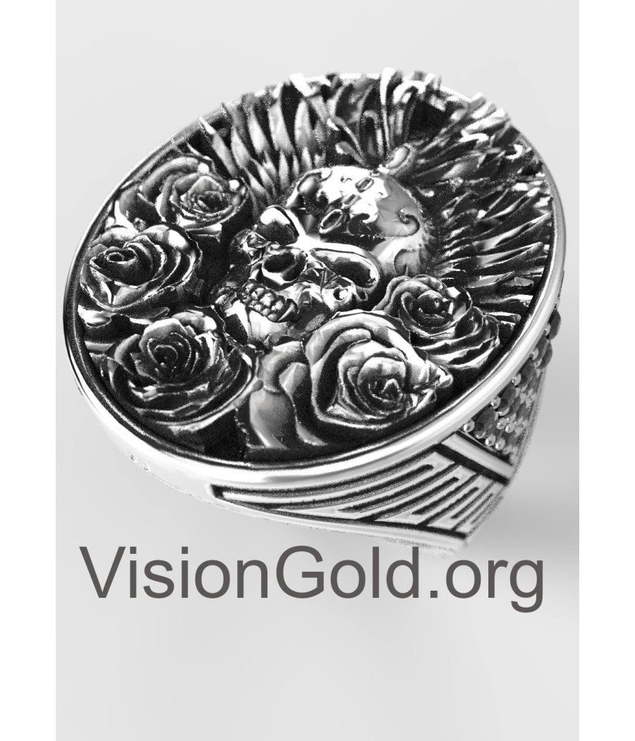 Exceptional Vintage 925 Silver Skull Rose Ring, Skull Biker