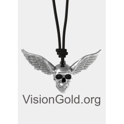 Winged Skull Pendant,Angel Wing Skull Necklace,925 Sterling