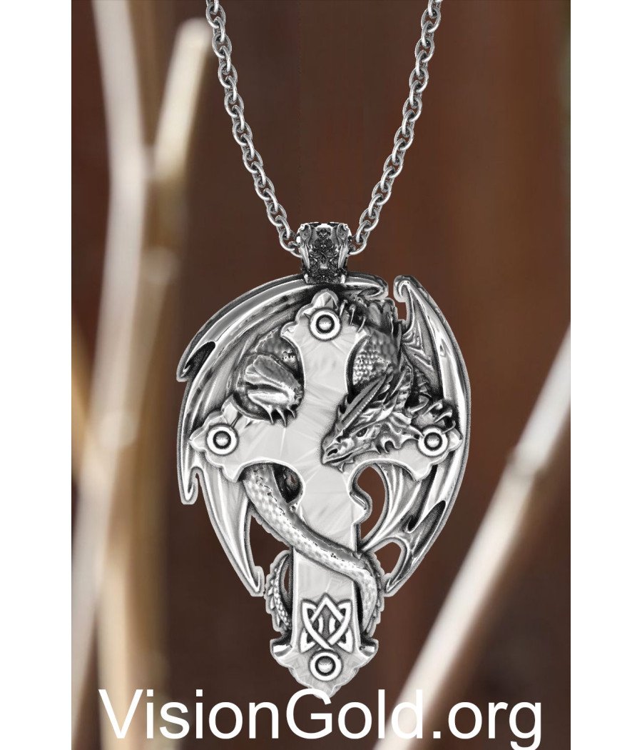 Premium Silver Dragon Cross Pendant,Cross Dragon Jewelry,Winged