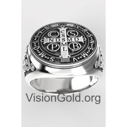 Exceptional Saint Benedict Silver Ring, Ring Saint Benedict Exorcism Ring, 925K Silver Men Signet Ring, Religious Rings 0577