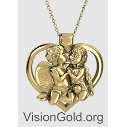 Ασημένιο Κολιέ Δώρο Για Νέα Μαμά Καρδιά Με Παιδάκια Σε Κίτρινο Χρυσό - Γυναικείο Κολιέ Καρδιά Με Αγγελάκια  0809K