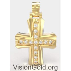 Cruz De Bautizo Clásica Elegante En Oro Amarillo De 14K Con Zirconia - Cruces De Bautizo Para Niña Y Niño 0139K