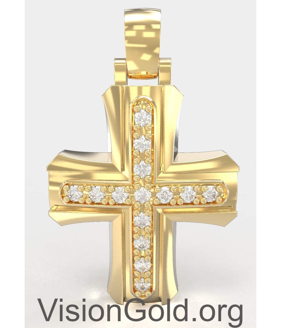 Cruz De Bautizo Clásica Elegante En Oro Amarillo De 14K Con Zirconia - Cruces De Bautizo Para Niña Y Niño 0139K