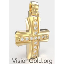 Cruz De Bautizo Clásica Elegante En Oro Amarillo De 14K Con Zirconia - Cruces De Bautizo Para Niña Y Niño 0139K