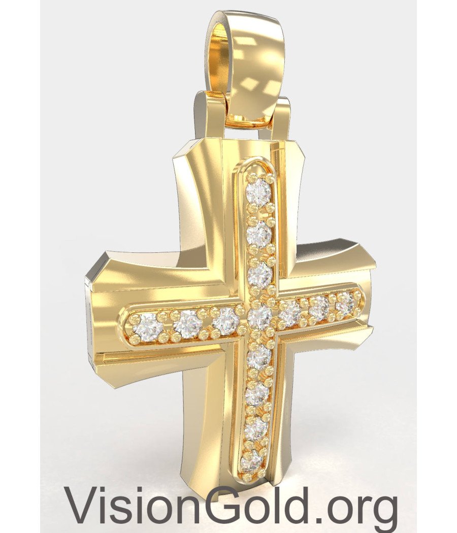 Cruz De Bautizo Clásica Elegante En Oro Amarillo De 14K Con Zirconia - Cruces De Bautizo Para Niña Y Niño 0139K