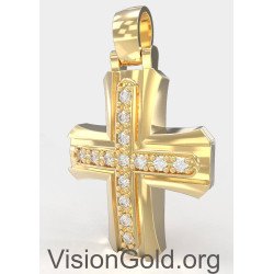 Cruz De Bautizo Clásica Elegante En Oro Amarillo De 14K Con Zirconia - Cruces De Bautizo Para Niña Y Niño 0139K