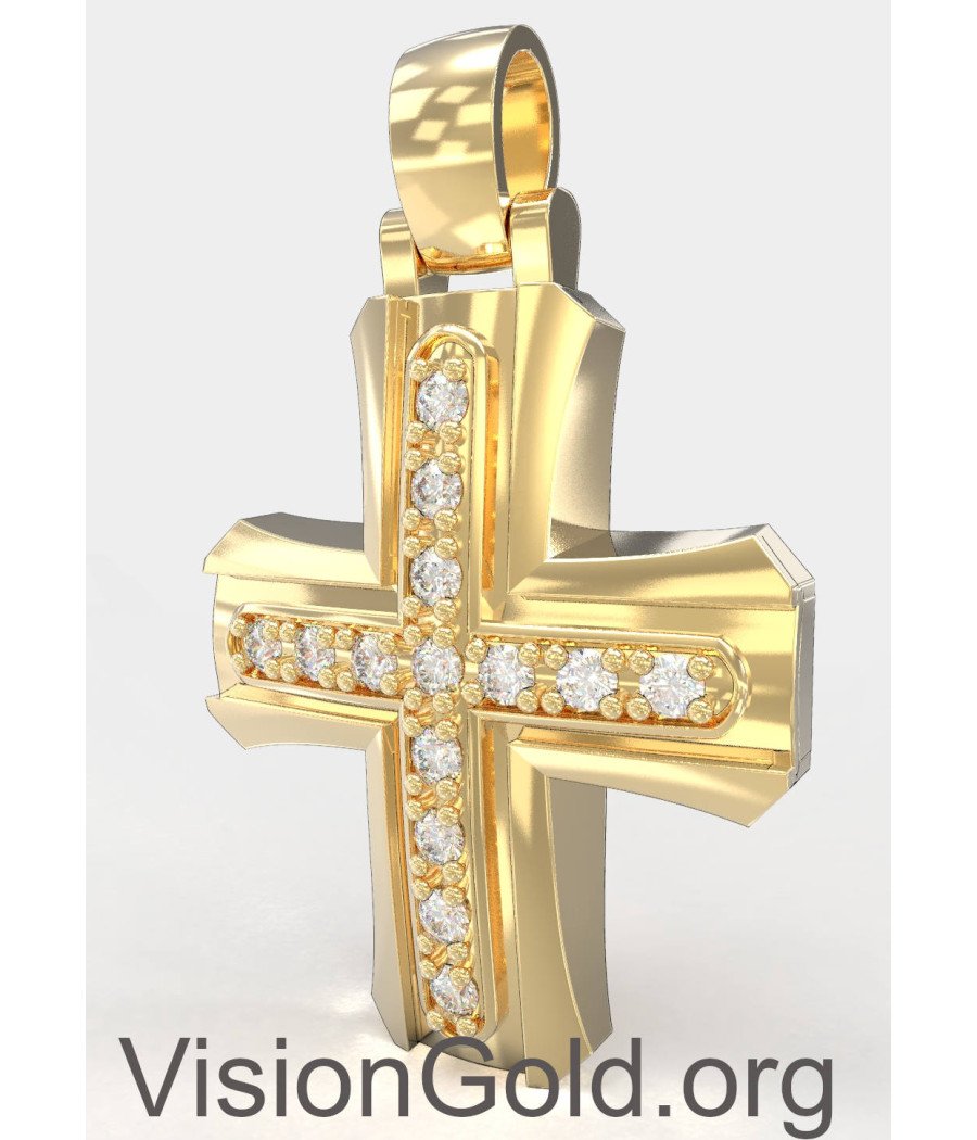 Cruz De Bautizo Clásica Elegante En Oro Amarillo De 14K Con Zirconia - Cruces De Bautizo Para Niña Y Niño 0139K