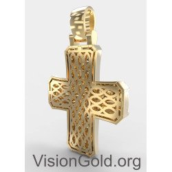 Cruz De Bautizo Clásica Elegante En Oro Amarillo De 14K Con Zirconia - Cruces De Bautizo Para Niña Y Niño 0139K