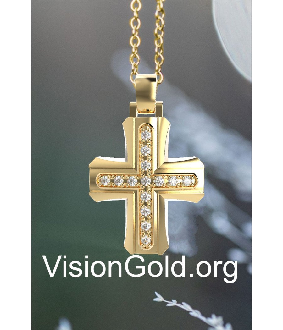 Cruz De Bautizo Clásica Elegante En Oro Amarillo De 14K Con Zirconia - Cruces De Bautizo Para Niña Y Niño 0139K