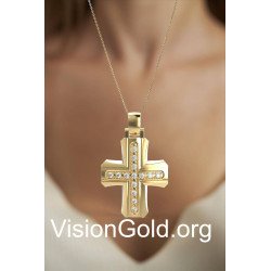 Cruz De Bautizo Clásica Elegante En Oro Amarillo De 14K Con Zirconia - Cruces De Bautizo Para Niña Y Niño 0139K