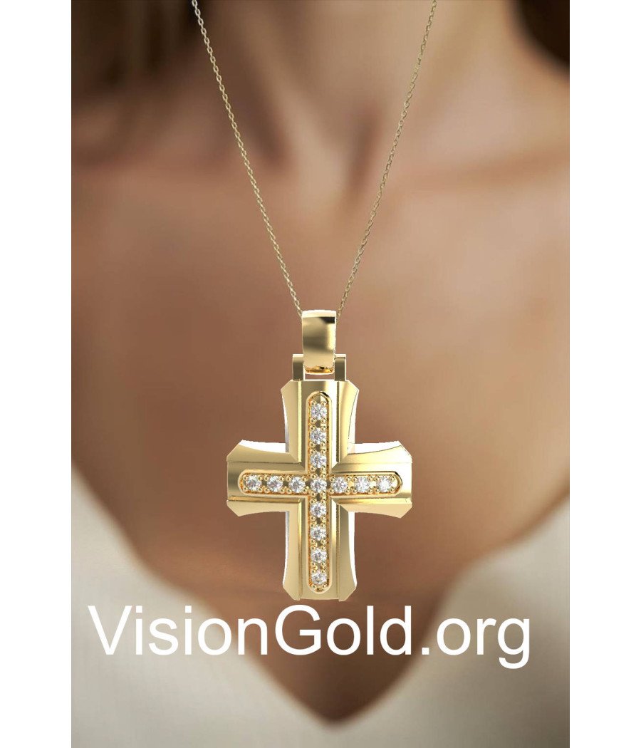 Cruz De Bautizo Clásica Elegante En Oro Amarillo De 14K Con Zirconia - Cruces De Bautizo Para Niña Y Niño 0139K