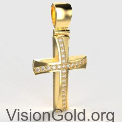 Cruz Bautismal En Oro Amarillo 14K Con Circonitas - Cruces Bautismales Economicas 0134K