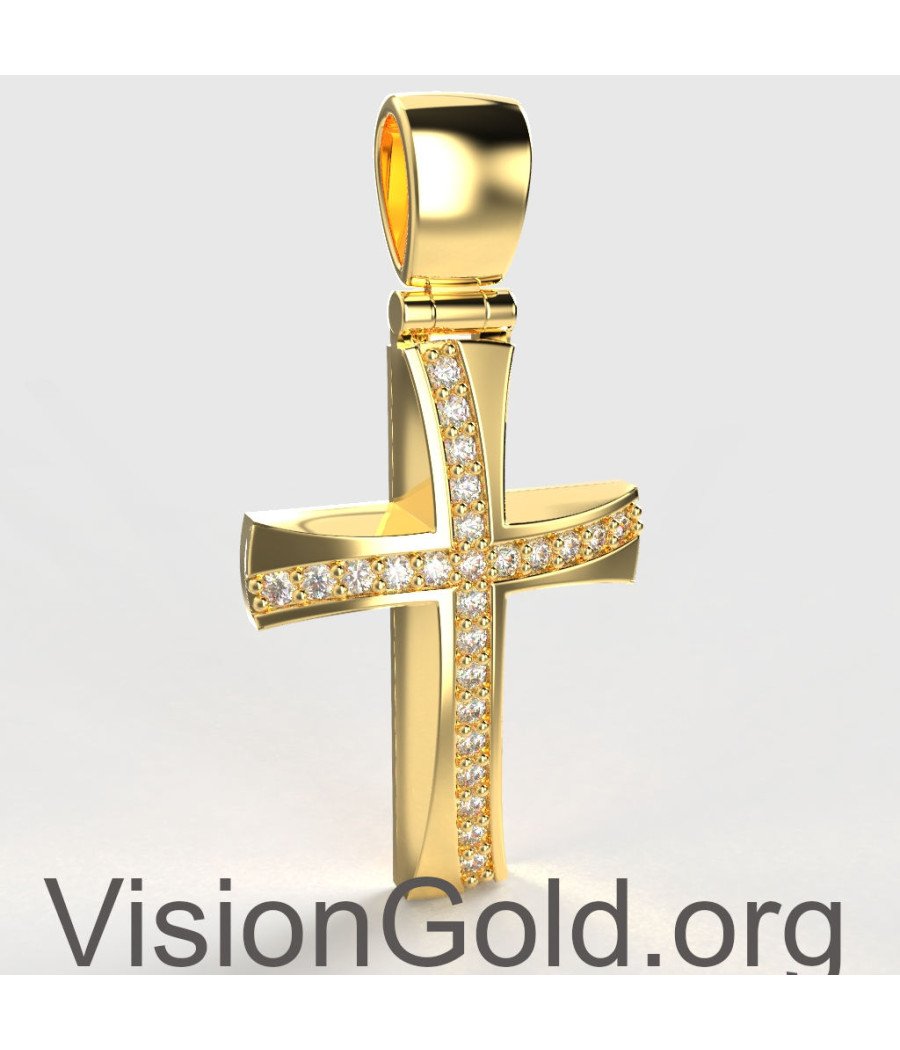 Cruz Bautismal En Oro Amarillo 14K Con Circonitas - Cruces Bautismales Economicas 0134K