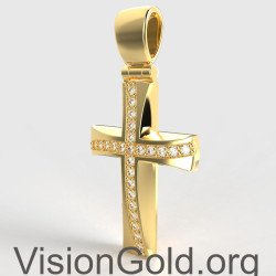 Cruz Bautismal En Oro Amarillo 14K Con Circonitas - Cruces Bautismales Economicas 0134K