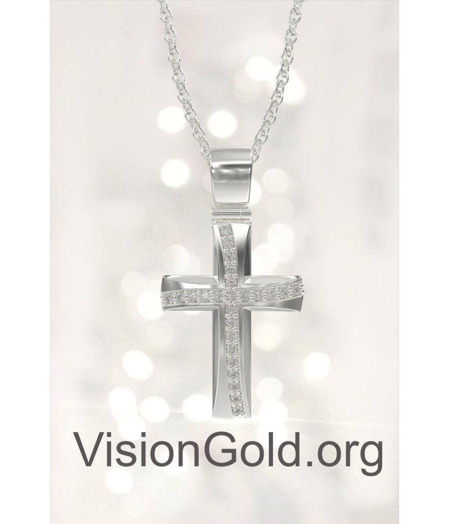 Baptism Cross Necklace-White Gold Baptism Cross In 14K With