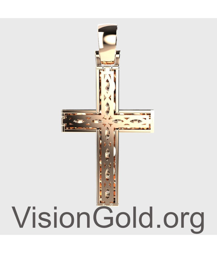 Крестик для девочки из розового золота 14 карат с цирконами - Мастерская крестиков 0133R