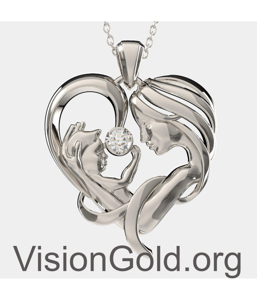 Ασημένιο Κολιέ Καρδιά Για Νέα Μαμά Με Μωρό Σε Λευκόχρυσο -