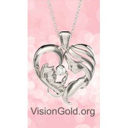 Ασημένιο Κολιέ Καρδιά Για Νέα Μαμά Με Μωρό Σε Λευκόχρυσο -