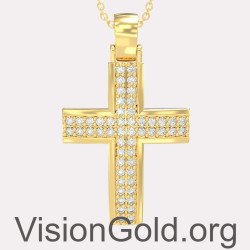 Крестильный крест для девочки из 14-каратного золота с цирконовыми камнями - Кресты для крещения 0135K