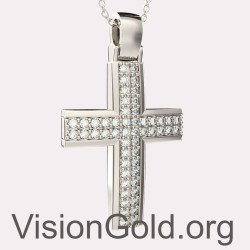 Cruz Bautismo Niña Oro Blanco 14K Con Zirconia - Taller Cruces