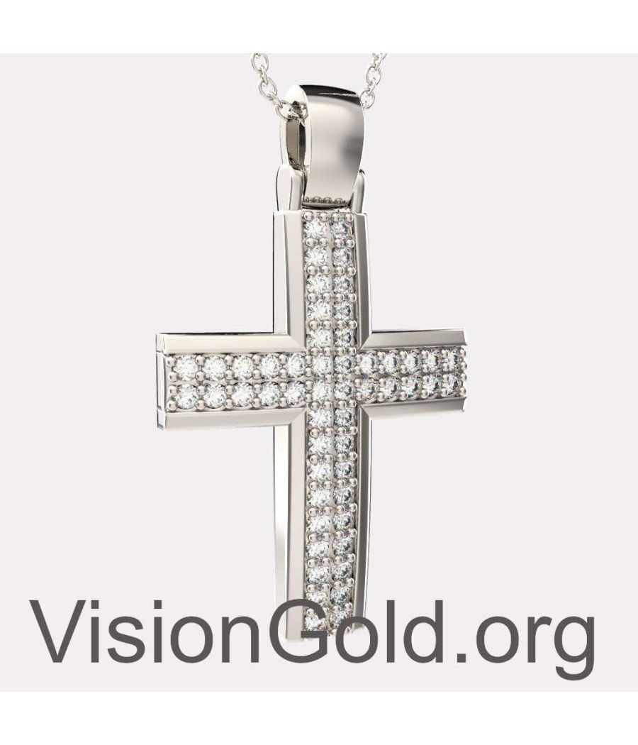 Cruz Bautismo Niña Oro Blanco 14K Con Zirconia - Taller Cruces