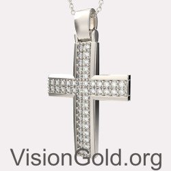 Cruz Bautismo Niña Oro Blanco 14K Con Zirconia - Taller Cruces