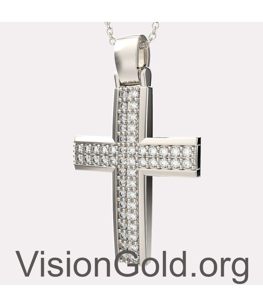 Cruz Bautismo Niña Oro Blanco 14K Con Zirconia - Taller Cruces