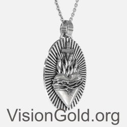 Silver Jesus Sacred Heart Mens Necklace, Savior Jesus