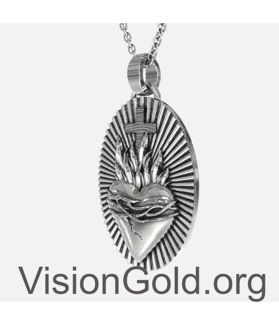 Silver Jesus Sacred Heart Mens Necklace, Savior Jesus