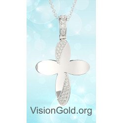 Women WhiteGold Pendant Cross Necklace 0136L