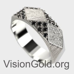 Rough Ασημένιο Χειροποίητο Δαχτυλίδι Με Μαύρες Πέτρες - Unisex