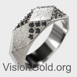 Rough Ασημένιο Χειροποίητο Δαχτυλίδι Με Μαύρες Πέτρες - Unisex