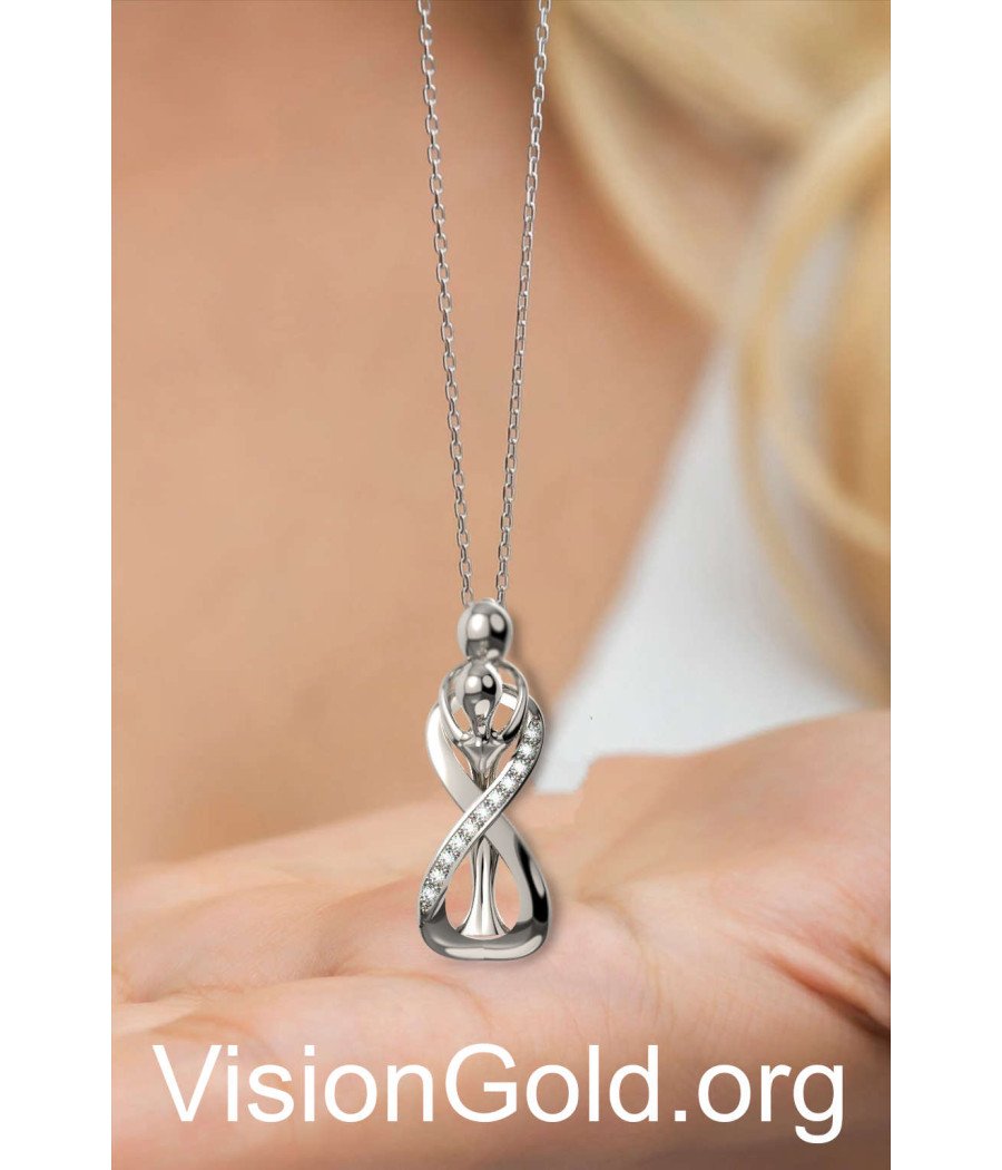 Mother and Child Necklace 925K Sterling Silver Family Pendant