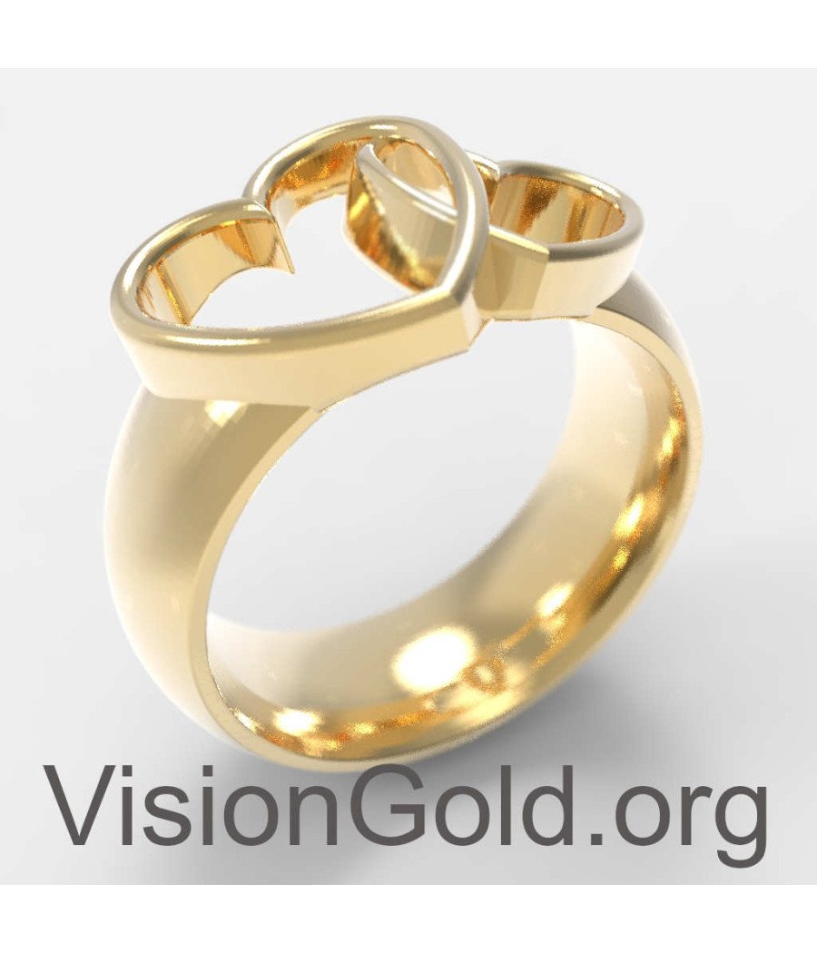 Ασημένιο Γυναικείο Δαχτυλίδι Με Σχέδιο Διπλή Καρδιά Σε Κίτρινο