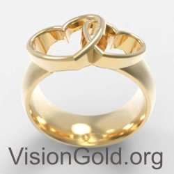 Ασημένιο Γυναικείο Δαχτυλίδι Με Σχέδιο Διπλή Καρδιά Σε Κίτρινο